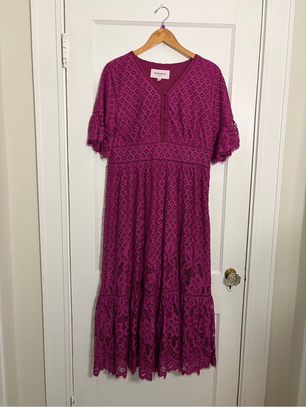 JessaKae Fuchsia Lace V‑Neck Midi Dress